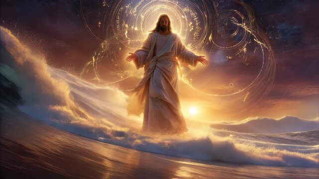  Jesus christ walking on water at sunset, surrounded by celestial patterns and glowing fish

