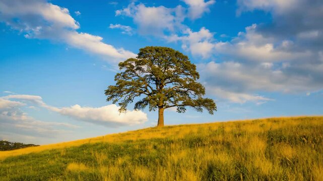 peaceful lone tree standing in golden grassy field under a bright blue sky with clouds, perfect countryside scene for travel, solitude, or meditation visuals