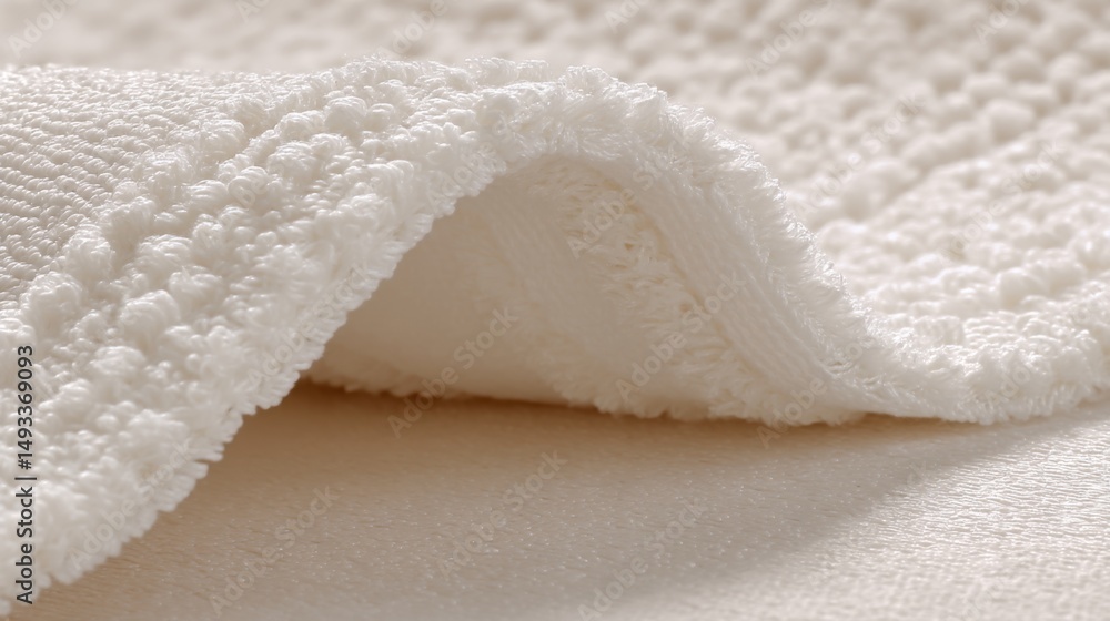 Poster close-up of plush white bath mat showing soft texture and pile from low angle in studio setting for 