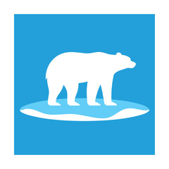 White polar bear silhouette standing on a melting iceberg on a blue background