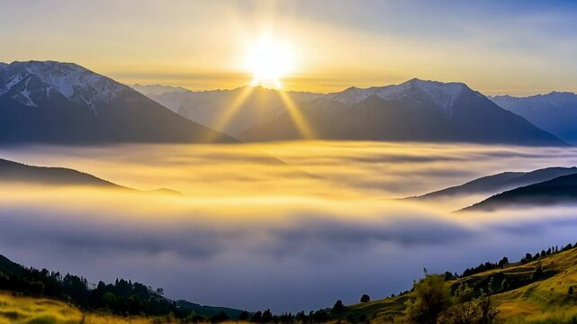 Majestic mountain range under a vibrant sunrise with soft mist filling the valleys. Snow-capped peaks rise above the clouds, catching the first light of day