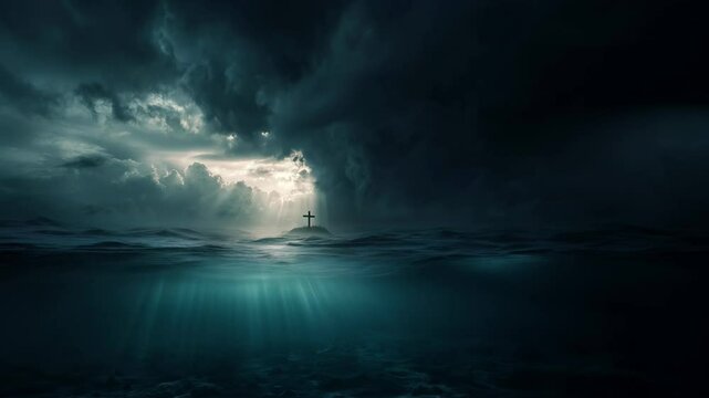 Underwater cross silhouette created by light rays, concealing a faint leviathan in the storm