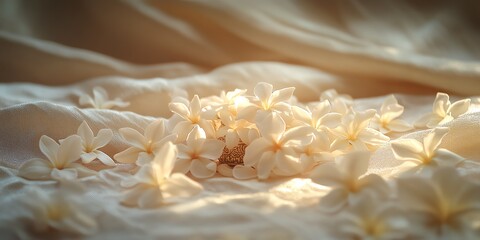 ultradetailed closeup of a Phra Nang Phaya amulet surrounded by fresh jasmine petals