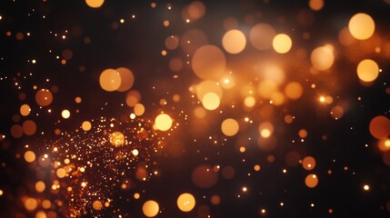 Golden bokeh lights sparkle on a dark abstract background close up