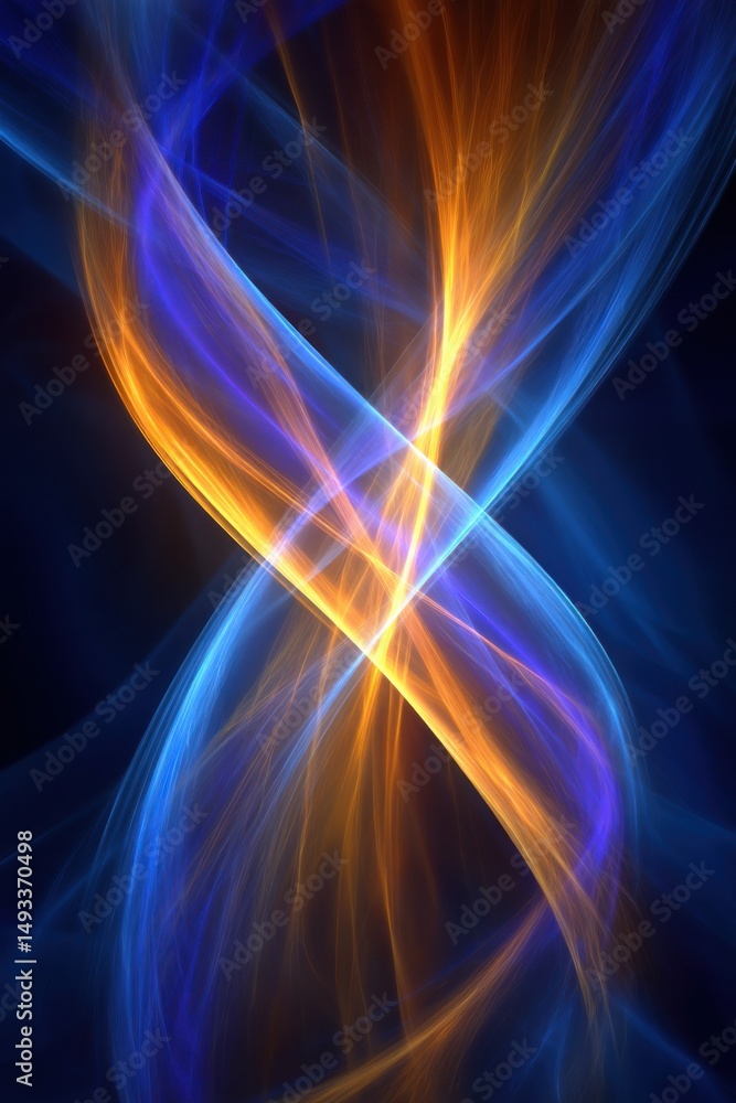 Poster abstract fractal art with intersecting blue and orange light streams on dark background digital illu