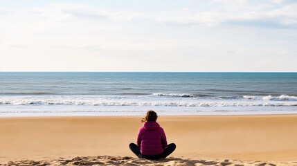 Fototapeta premium Person Meditating on Beach at Sunrise with Calm Ocean Waves and Tranquil Sky in Background