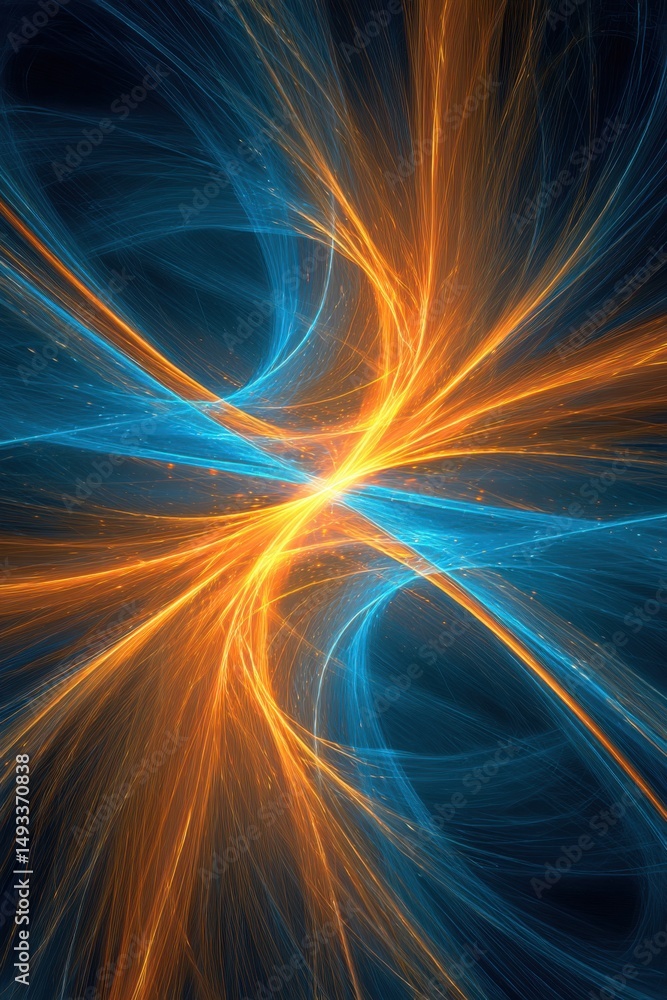 Poster abstract fractal art featuring vibrant orange and blue light streaks on a dark background creating a
