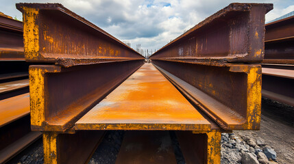 Rusty Steel Rails in Construction Yard Under Cloudy Sky
