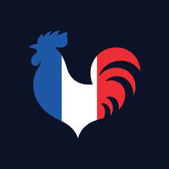 French Rooster Emblem Vector Art Stylized Cockerel in National Colors Blue White Red on Dark Background Gallic Symbol of France for Patriotic Designs and Cultural Representation © PaletteGuru