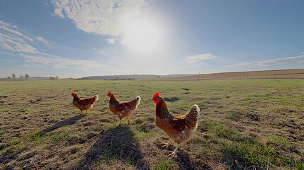 Chickens Roaming Freely on a Sunny Farm Field Under Bright Sky
