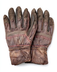 A pair of well-worn brown leather work gloves, showing signs of age and use.