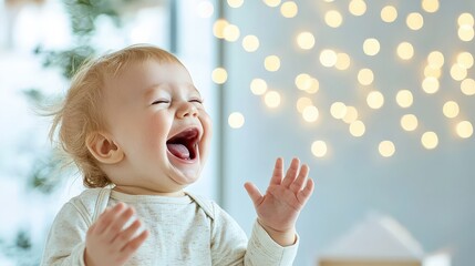 Joyful Baby Laughing in Front of Soft Blurred Fairy Lights Background