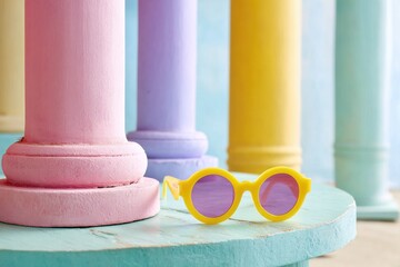Yellow sunglasses with purple lenses rest near pastel pillars, sunglasses create playful contrast, sunglasses evoke summer vibe and trendy spirit,