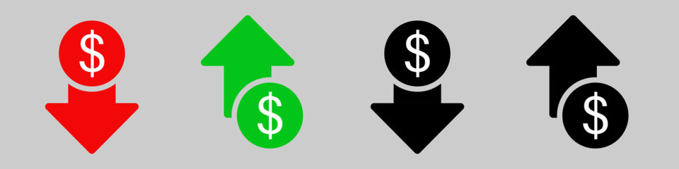 Money increase icon with arrow up symbol, dollar decrease icon . profit and lose money vector icons - Cost rising icon. Business icons, marketing, cryptocurrency