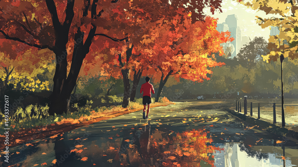 Poster man is running in a park with trees and a city in the background