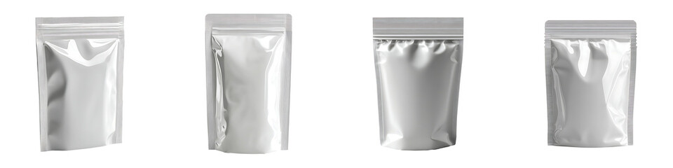 Set, collection of foil bags mockup isolated on transparent background