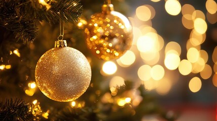 Golden christmas ornaments hanging on tree with blurred lights