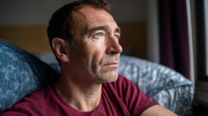 Fototapeta premium Contemplative man relaxing with dog on bed
