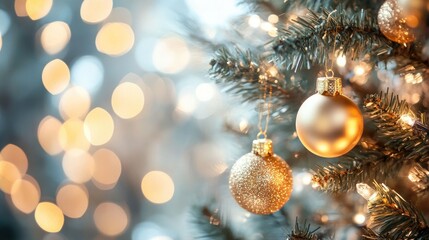 Golden christmas ornaments on a festive christmas tree branch