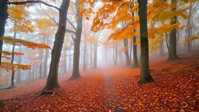 orange autumn forest path with fallen leaves and trees glowing in warm morning light, peaceful nature scene for seasonal or relaxing background use