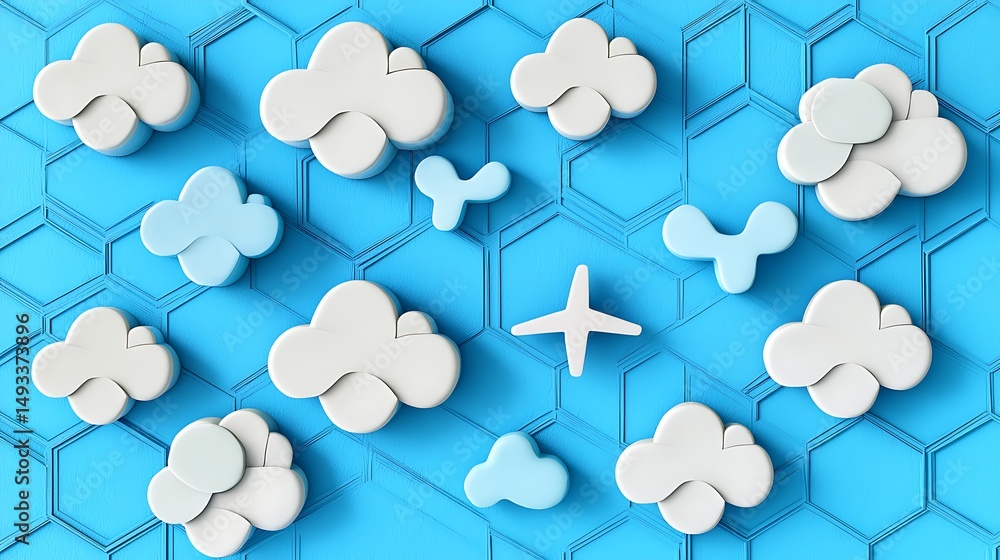 Poster abstract cloud and star shapes on blue hexagonal patterned surfa