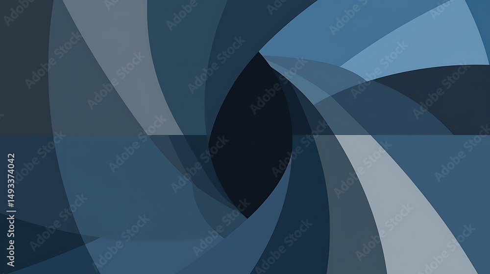 Poster abstract composition of overlapping blue shapes forming a dark c