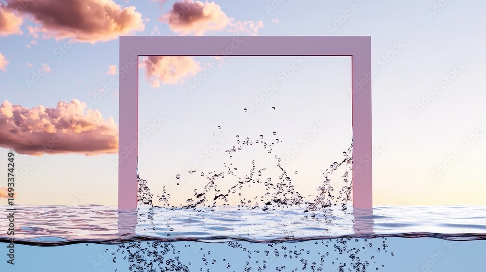 Aufkleber a minimalist pink frame emerging from a calm water surface under a serene sky splashed with clouds