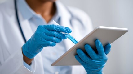 Doctor in gloves using a tablet and swab