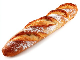 Golden-brown baguette, freshly baked and dusted with flour.