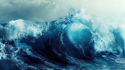 Powerful ocean wave crashing with force and spray under cloudy sky
