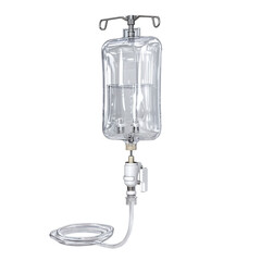 a complete intravenous (IV) drip set, including a transparent IV bag, clear tubing, and an adjustable flow regulator, isolated on a transparent background.