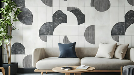 Modern Lounge with Geometric Wall Design and Stylish Furniture
