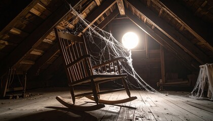 Spooky attic scene featuring a dusty rocking chair and eerie cobwebs bathed in soft light.