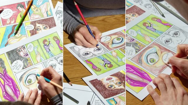 The artist draws comic book sketches on paper. Storyboards of the characters' frames. Collage.