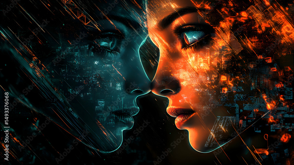 Poster digital portrait of two faces merging with futuristic elements