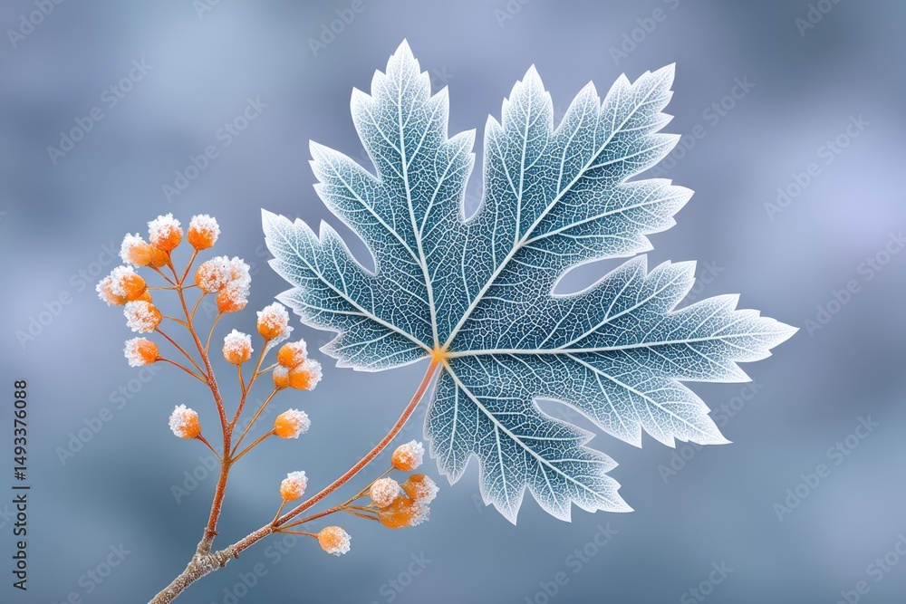 Wall mural a close-up of a maple leaf with intricate frost patterns forming on its edges