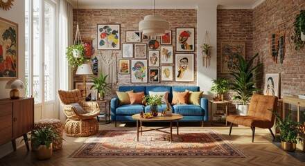 Stylish Bohemian Living Room Decor with Eclectic Art and Warm Lighting