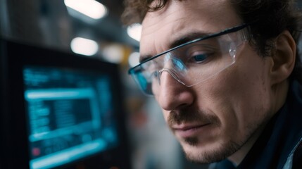 Industrial engineer working on computer in factory, wearing safety glasses
