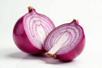 Half red onion, cut side up, revealing rings, white backdrop, purple, food, design