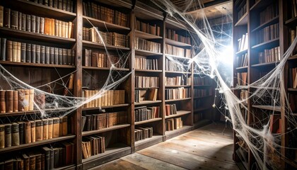Obraz premium Spooky and old library with cobwebs and aged books, perfect for Halloween themes.