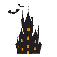 Spooky haunted castle with pointed towers, glowing yellow windows and flying bats. Halloween theme. Vertical isolated composition. Stock vector illustration in flat style.