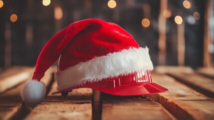 santa hat and helmet on wooden background.