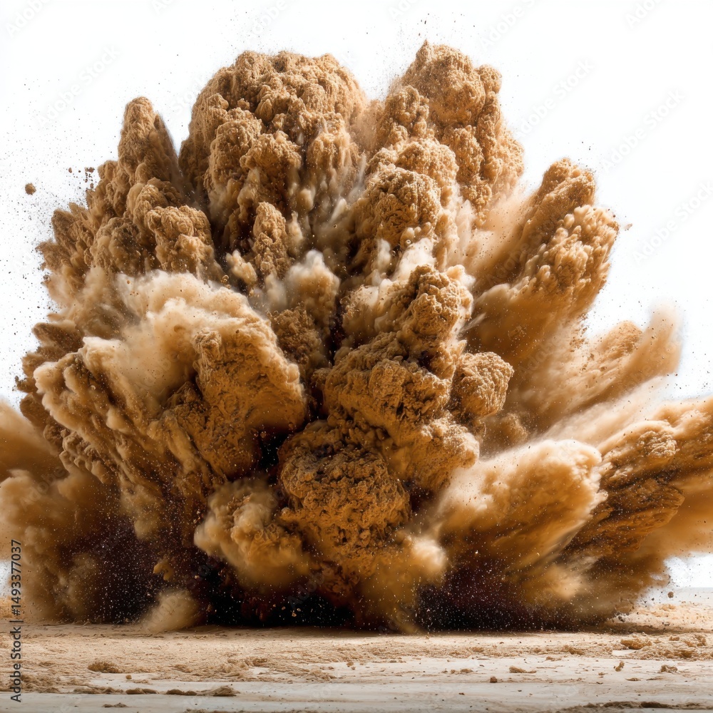 Aufkleber dramatic sand explosion close up shot showing dynamic movement and texture against a bright white ba