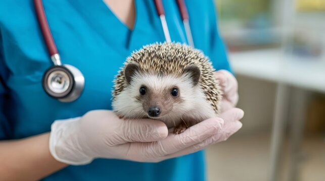 Veterinarian holding cute hedgehog in veterinary clinic