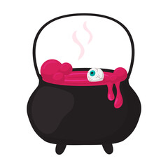 Black witch cauldron filled with pink bubbling potion and a floating eyeball. Creepy Halloween element. Vertical isolated object. Stock vector illustration in flat style