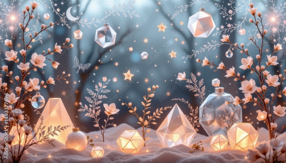 Poster frosted glass effect with translucent, softly glowing geometric objects and delicate botanical motif