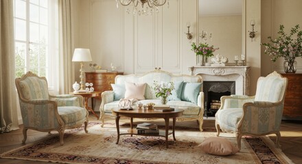 Elegant vintage-inspired living room with classic furniture and floral accents