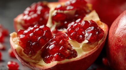 Close up of juicy ripe pomegranate cracking open for fresh fruit concept