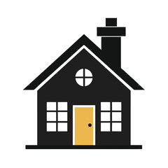 Simple black house illustration with yellow door and white windows on a white background