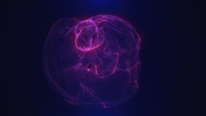 Purple glowing abstract sphere shape resembling energy waves on a dark background